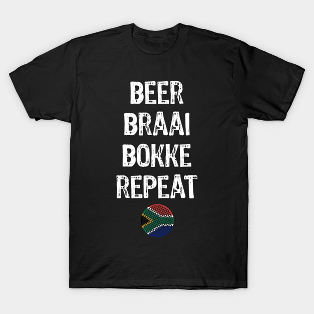 Beer Braai Bokke Repeat | South Africa Rugby Supporter | Braai Time T-Shirt by BraaiNinja